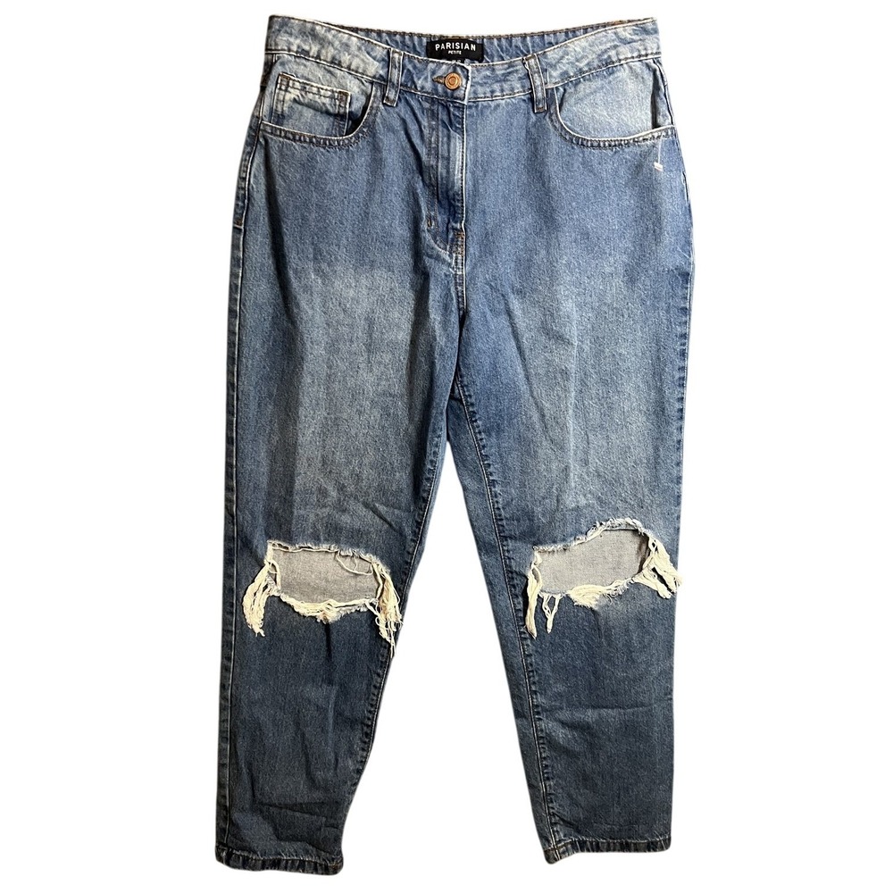 Parisian Petite Women's US 8 Ripped Knee Distressed Mom Jeans‎ Light Blue Wash